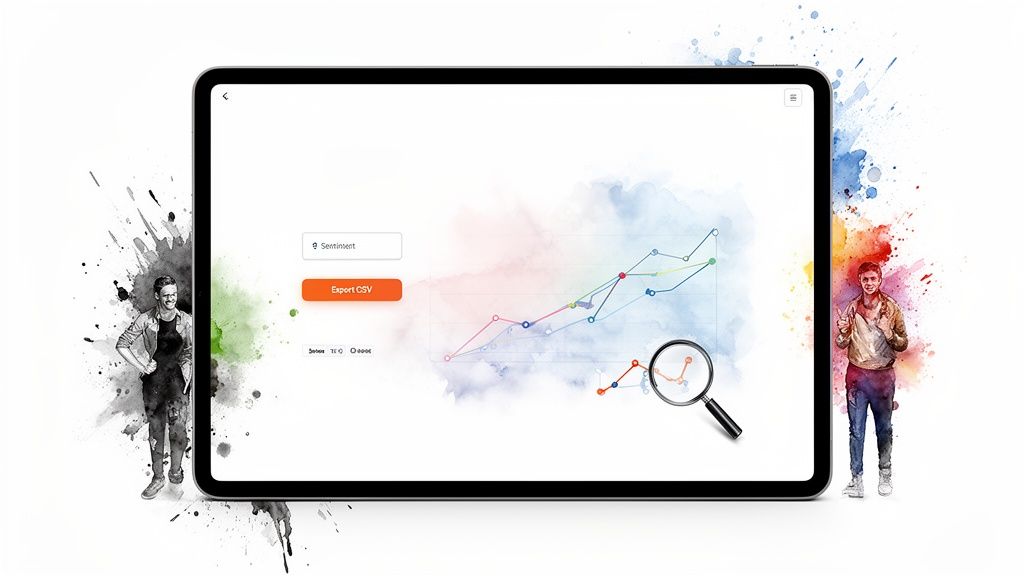 Digital tablet displays sentiment analysis graph with export options, surrounded by watercolor-style figures.