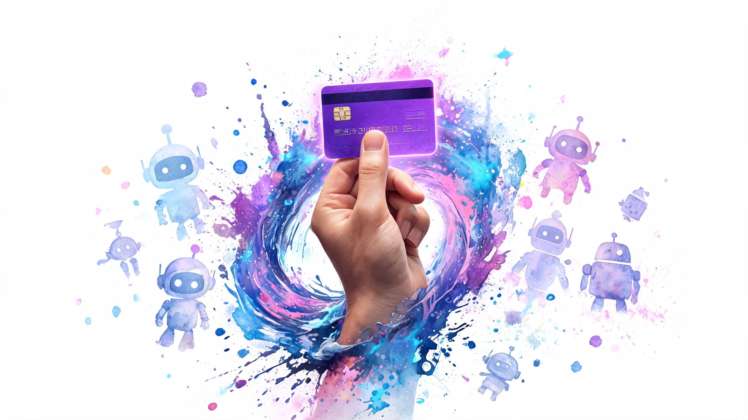 A hand emerging from a colorful splash holding a credit card surrounded by small digital robots.