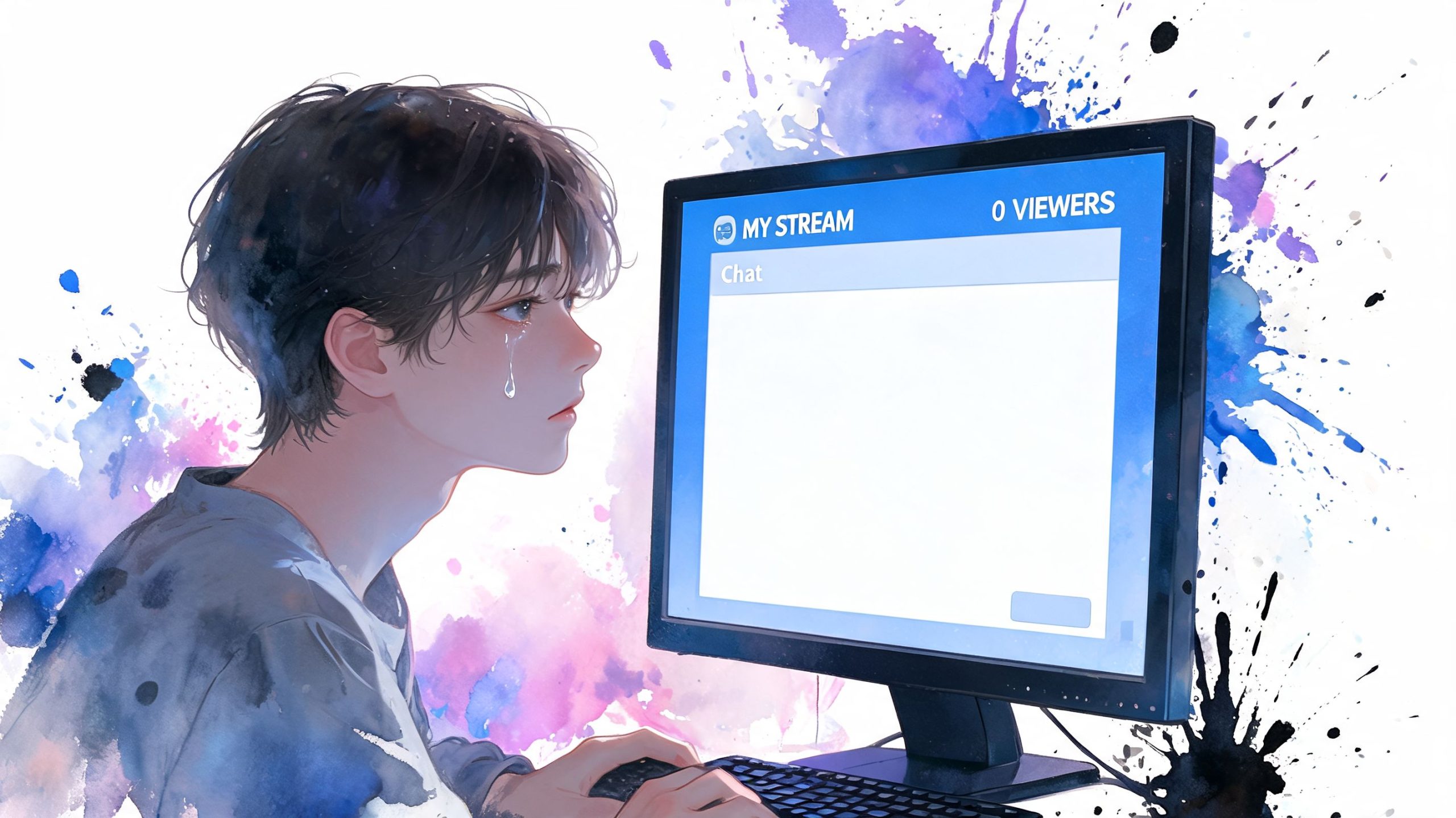 A lonely young streamer with a tearful expression looking at a computer monitor showing zero live viewers.