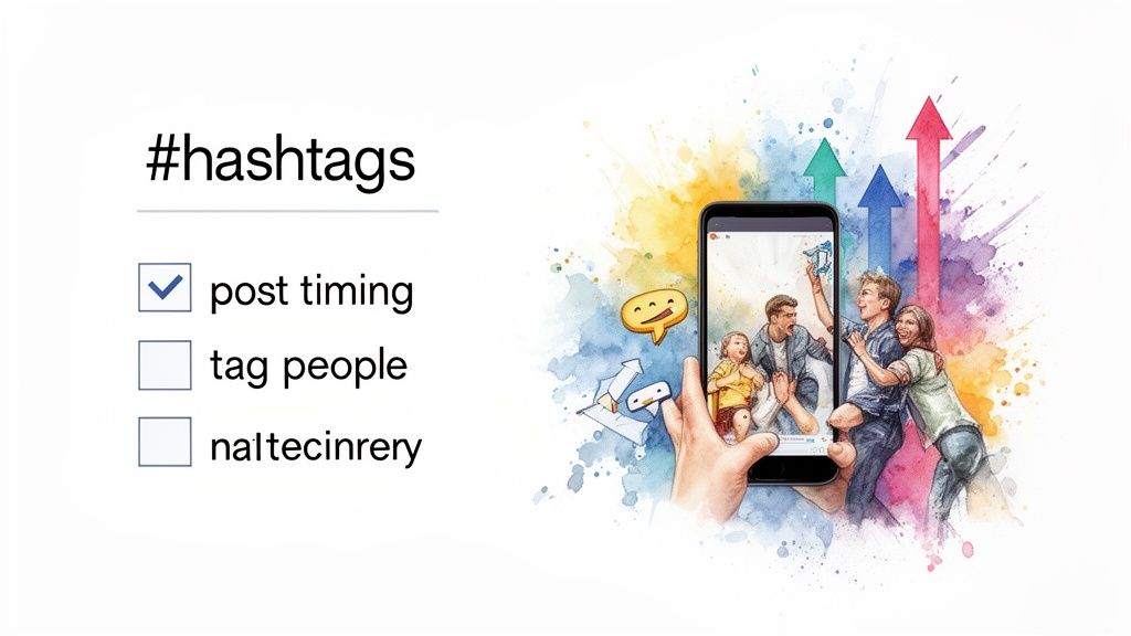 A checklist with '#hashtags' and 'post timing' checked, next to a smartphone showing a family post and upward arrows.