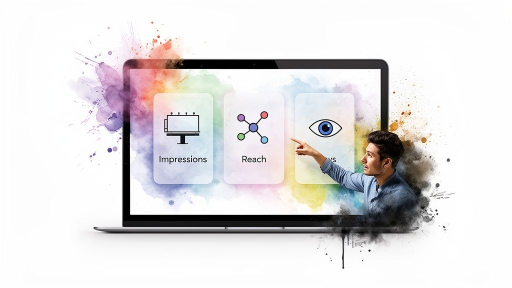 Man pointing at a laptop screen displaying marketing metrics for impressions, reach, and views.