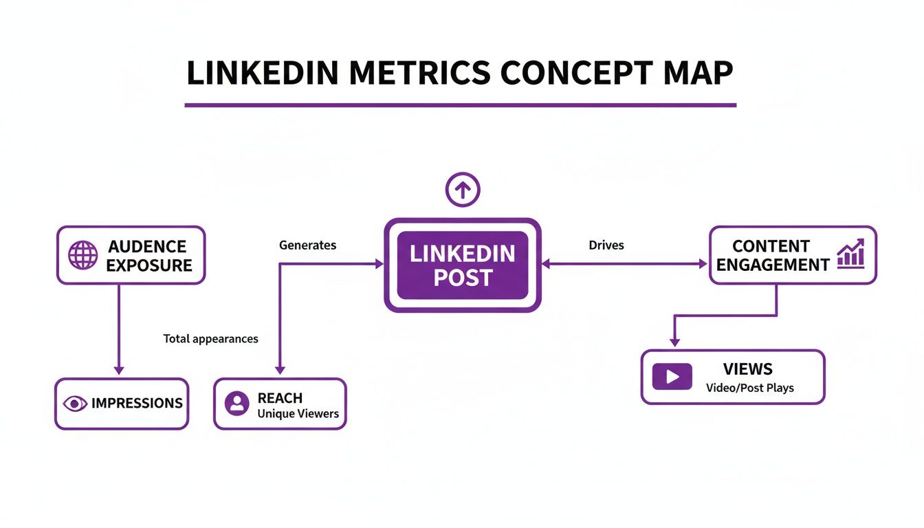 A concept map illustrating LinkedIn post metrics, showing connections between audience exposure, engagement, and views.