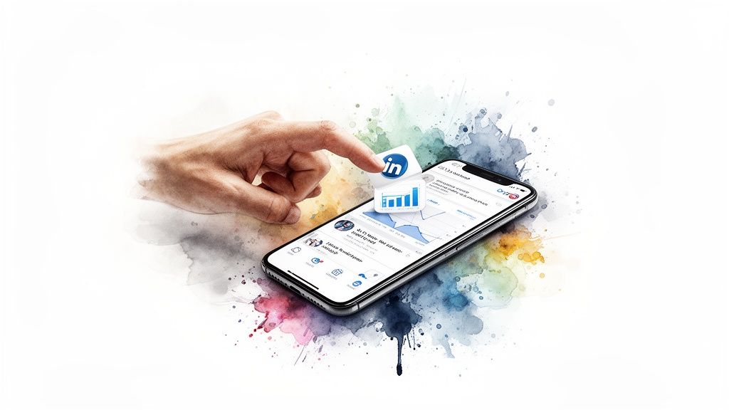 Hand touching a LinkedIn app on a smartphone, showing analytics and data insights.