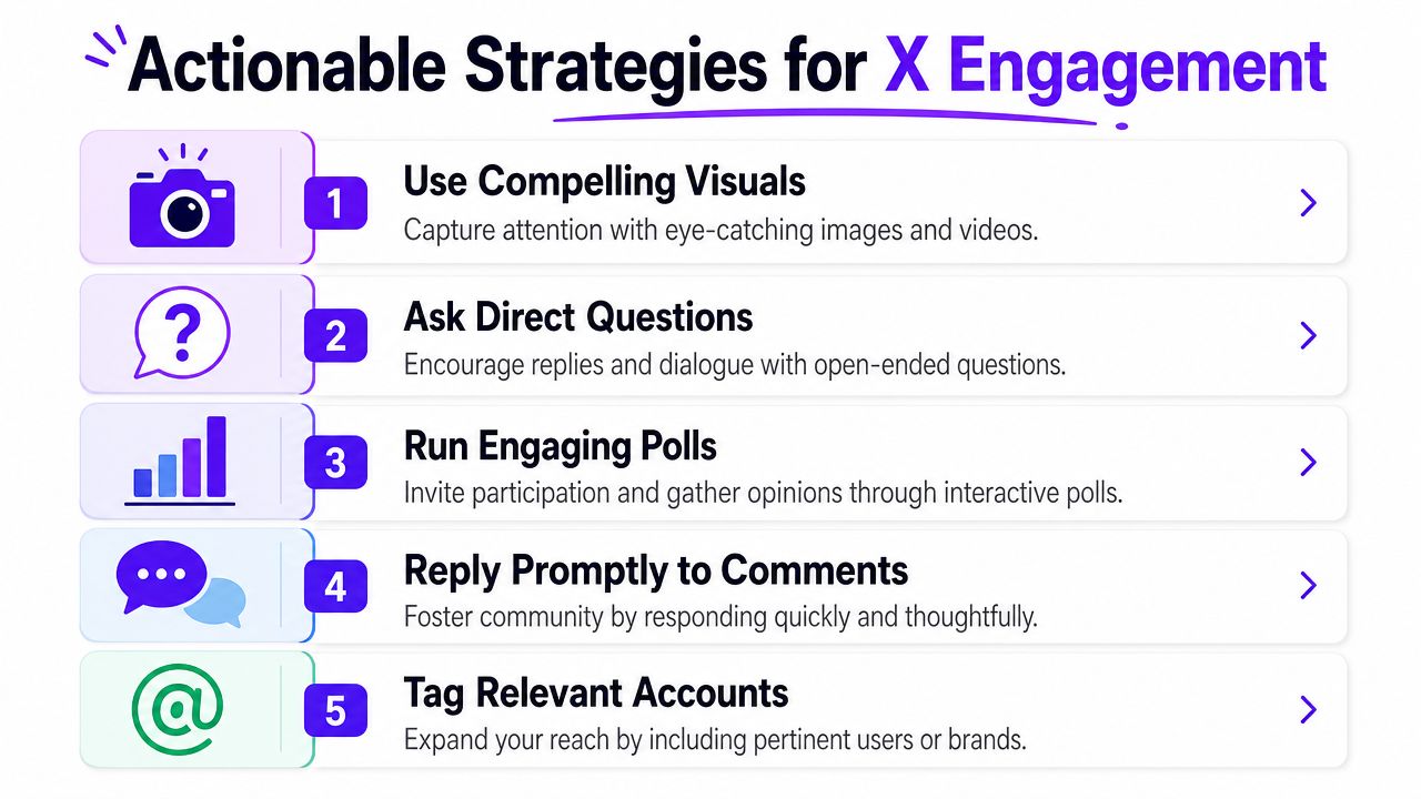 A list of five actionable strategies to increase social media engagement on the platform formerly known as X.
