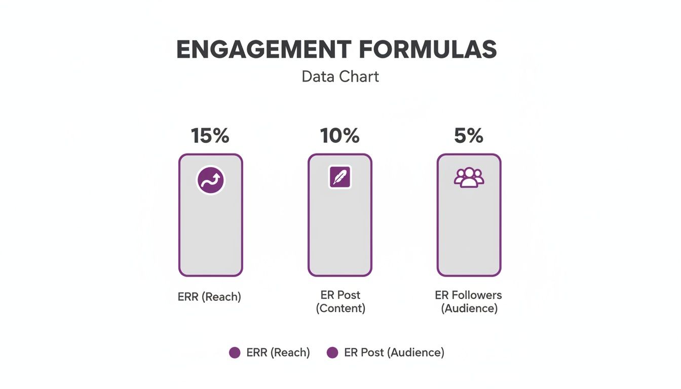Chart displays engagement rate formulas: ERR (Reach) 15%, ER Post (Content) 10%, and ER Followers (Audience) 5%.