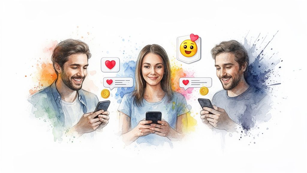 Watercolor illustration of three happy individuals on phones, with social media hearts, chat bubbles, and coins.
