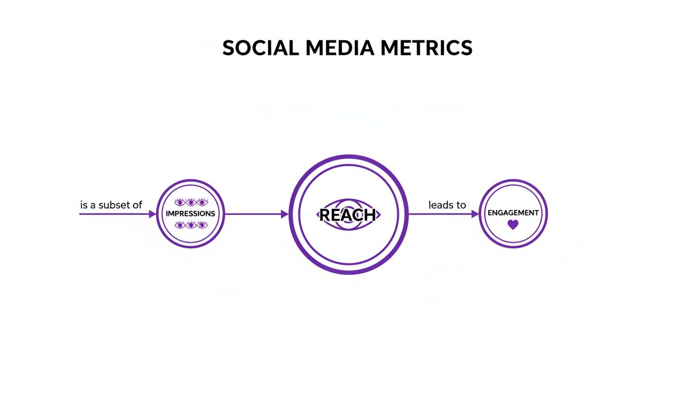 A flowchart showing social media metrics: Impressions (multiple views) is a subset of Reach (unique views), which leads to Engagement.