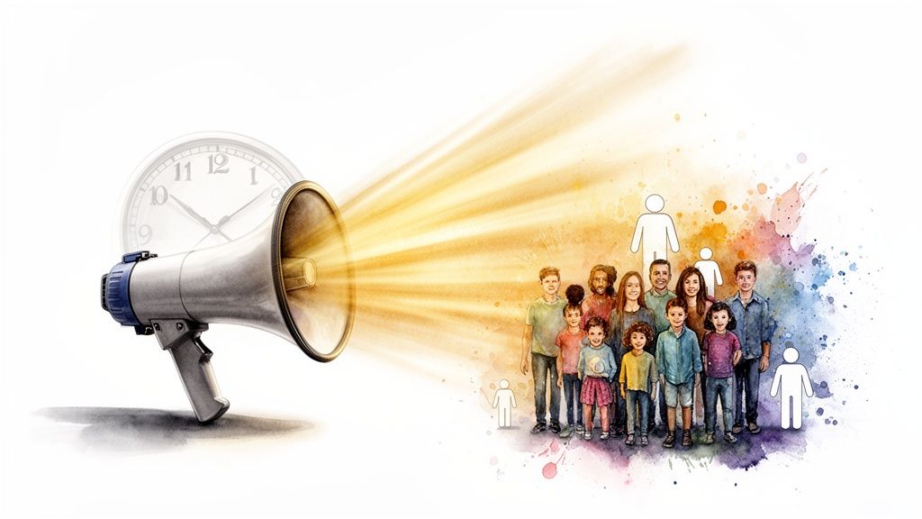 Megaphone with light rays and a clock, broadcasting to a diverse group of families and stick figures.