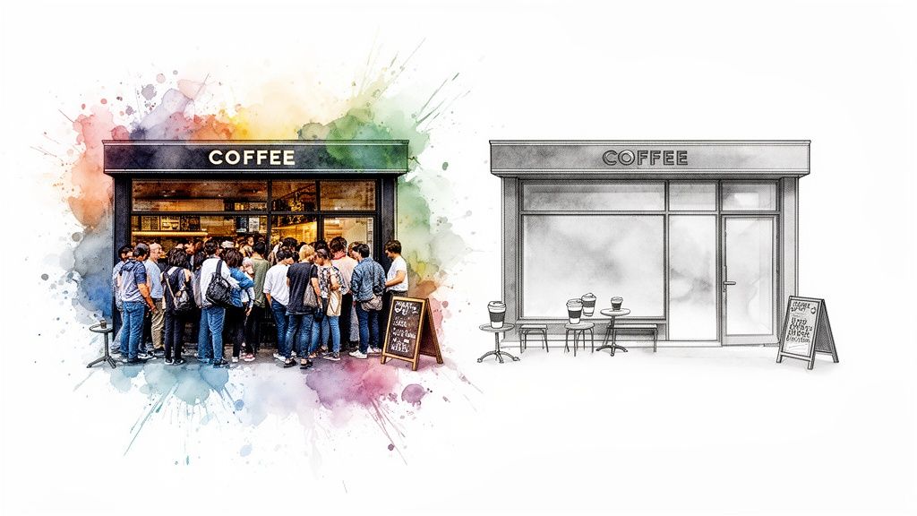 A vibrant watercolor of a busy coffee shop with customers contrasted with a simple sketch of an empty one.
