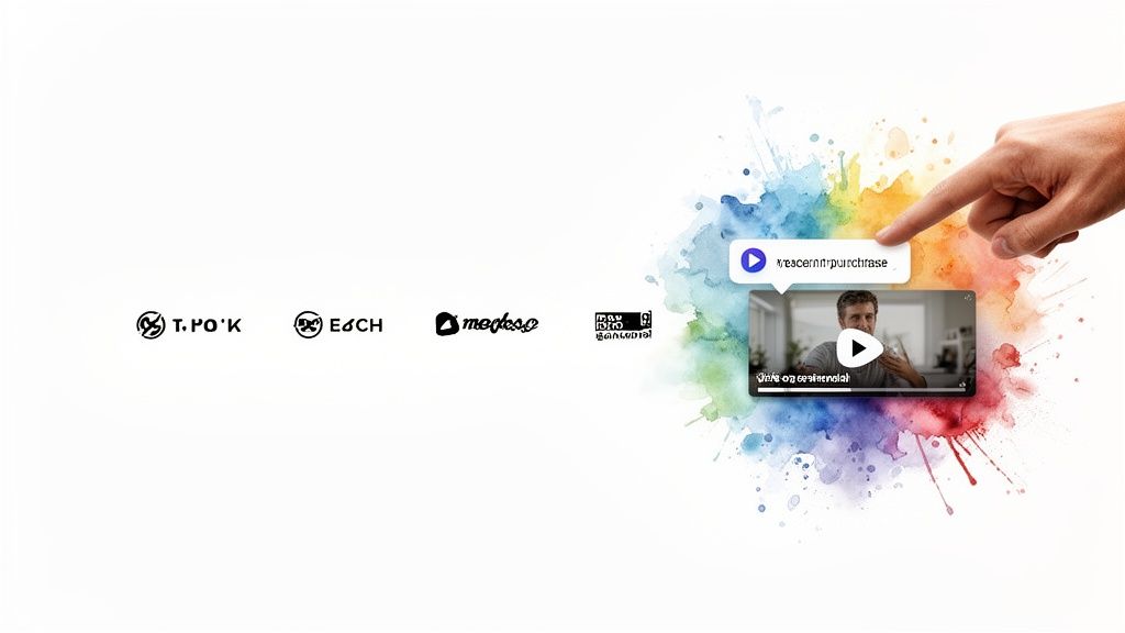 Hand pointing to a video player with 'trace and purchase' label, alongside various company logos.