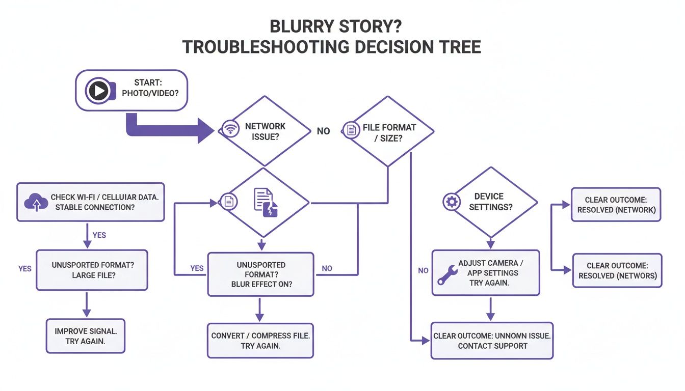 A troubleshooting decision tree flowchart for blurry photo or video stories, addressing network, file, and device settings.