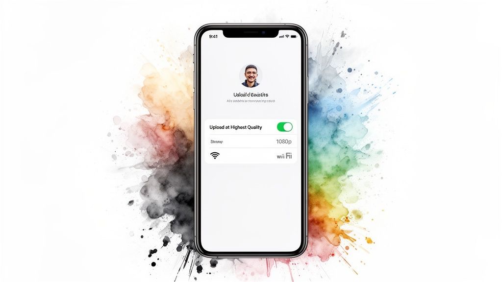 iPhone displaying app settings for video upload quality and Wi-Fi, against a colorful watercolor background.