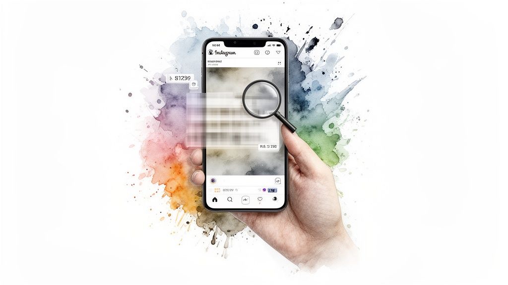 Hand holding a smartphone displaying Instagram, with a magnifying glass over blurry content.