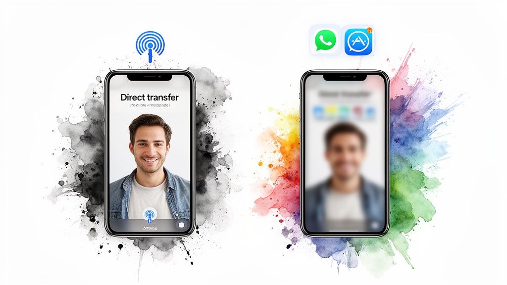 Two smartphones illustrating direct data transfer versus app sharing, showing clear and blurred images.